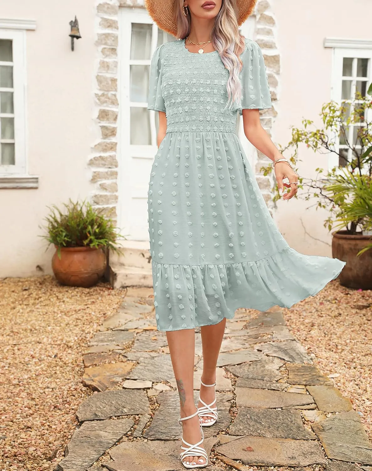 Kranda Women 2025 Summer Spring Round Neck Flutter Short Sleeve Casual Swing Flowy Ruffle Smocked Swiss Dot Midi Dress