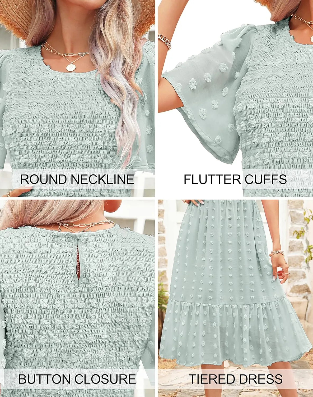 Kranda Women 2025 Summer Spring Round Neck Flutter Short Sleeve Casual Swing Flowy Ruffle Smocked Swiss Dot Midi Dress