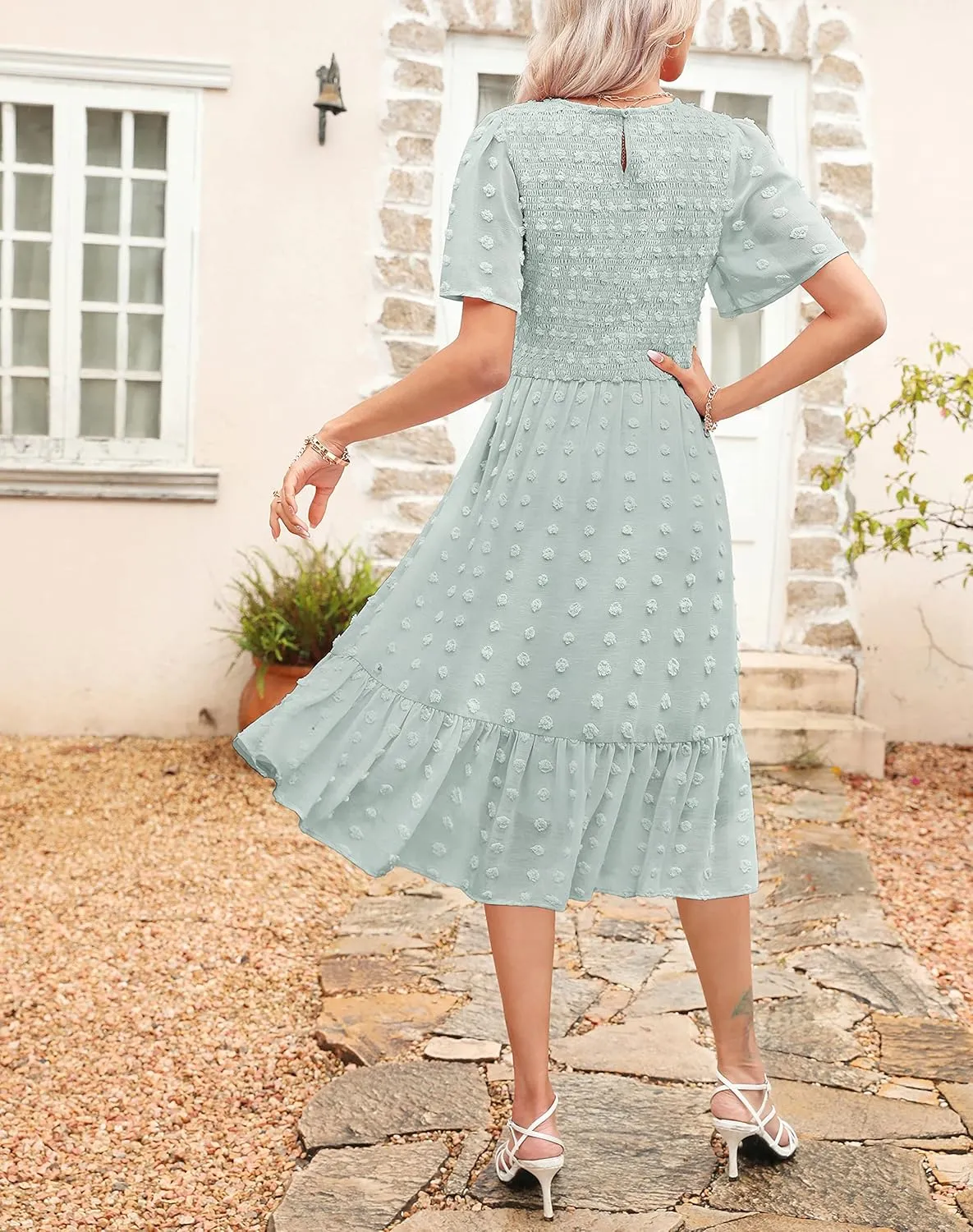 Kranda Women 2025 Summer Spring Round Neck Flutter Short Sleeve Casual Swing Flowy Ruffle Smocked Swiss Dot Midi Dress
