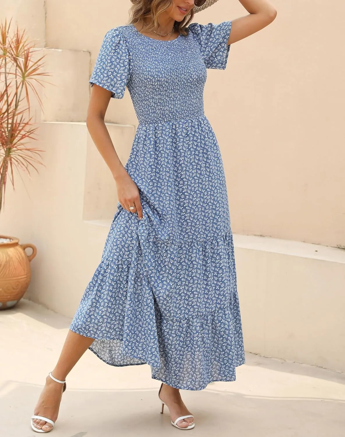 Kranda Women Summer Dress Round Neck Flutter Short Sleeve Smocked Ruffle Tiered Floral Maxi Dress 2024