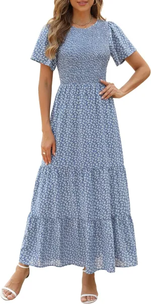 Kranda Women Summer Dress Round Neck Flutter Short Sleeve Smocked Ruffle Tiered Floral Maxi Dress 2024