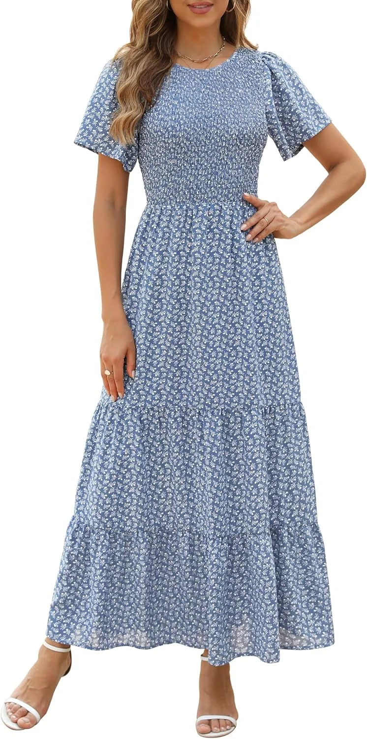 Kranda Women Summer Dress Round Neck Flutter Short Sleeve Smocked Ruffle Tiered Floral Maxi Dress 2024