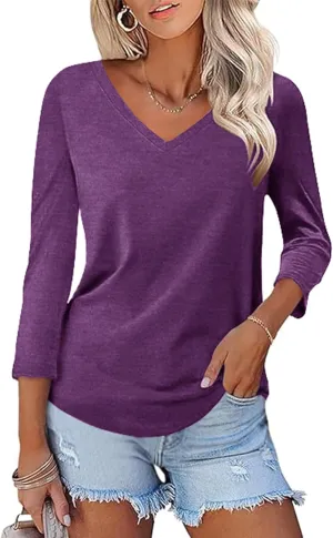 KTILG Women's V Neck T Shirts 3/4 Sleeve Blouse Summer Tops Dressy Casual Solid Basic Tees