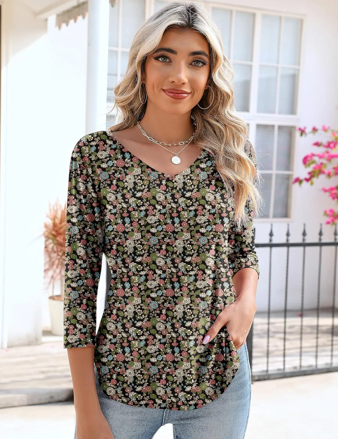 KTILG Women's V Neck T Shirts 3/4 Sleeve Blouse Summer Tops Dressy Casual Solid Basic Tees