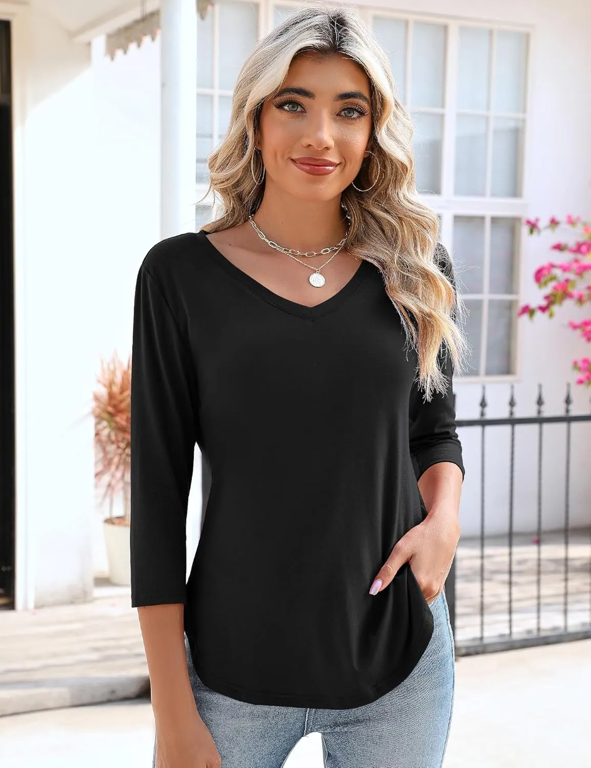 KTILG Women's V Neck T Shirts 3/4 Sleeve Blouse Summer Tops Dressy Casual Solid Basic Tees