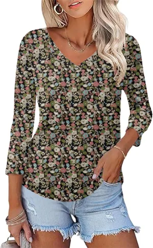 KTILG Women's V Neck T Shirts 3/4 Sleeve Blouse Summer Tops Dressy Casual Solid Basic Tees