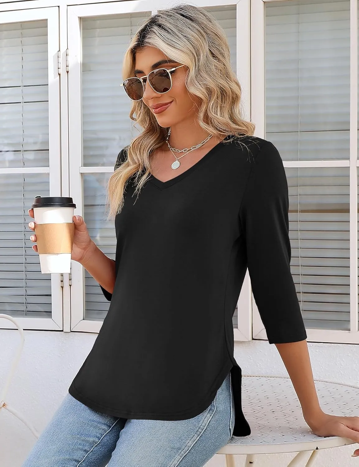 KTILG Women's V Neck T Shirts 3/4 Sleeve Blouse Summer Tops Dressy Casual Solid Basic Tees