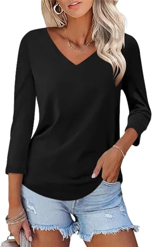 KTILG Women's V Neck T Shirts 3/4 Sleeve Blouse Summer Tops Dressy Casual Solid Basic Tees