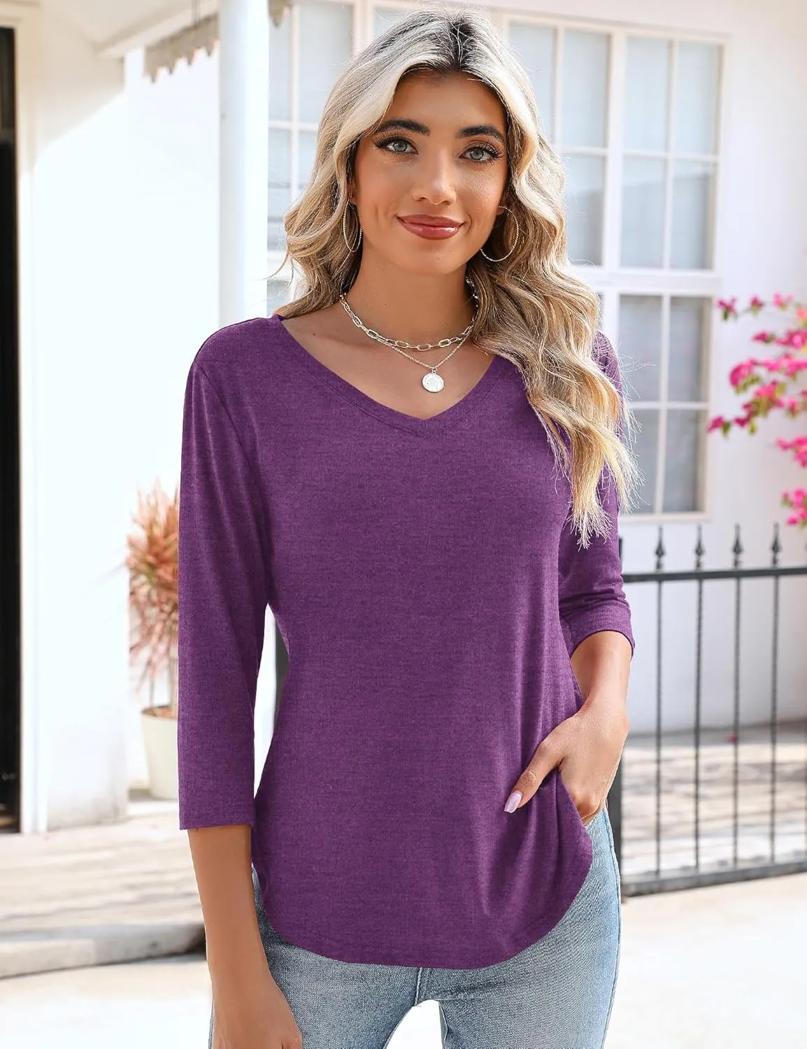 KTILG Women's V Neck T Shirts 3/4 Sleeve Blouse Summer Tops Dressy Casual Solid Basic Tees