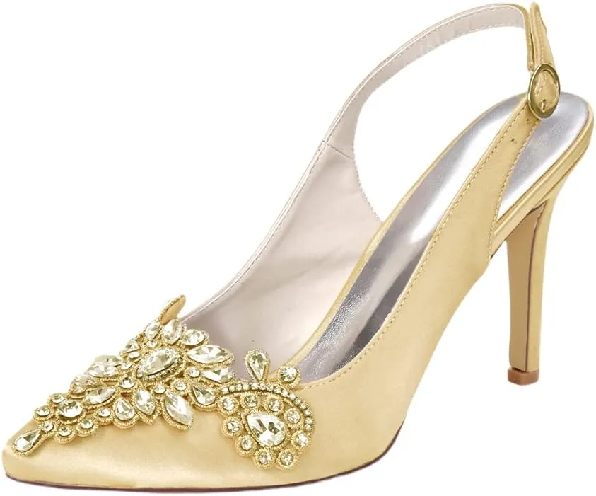 Ladies Glitter Sandals Heels Wedding Court Shoes for Bride Pointed Toe Slingback Heeled Unique Party Dress Work 9.5CM