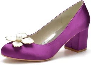 Ladies Pearl Round Toe Block Heel 6CM Slip On Low Heel Shoes Satin Court Shoes Wedding Bridal