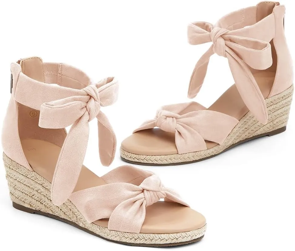 LAICIGO Womens Espadrilles Wedge Sandals Back Zipper Closure Open Toe Platform Ankle Strap Summer Dress Shoes with Bow