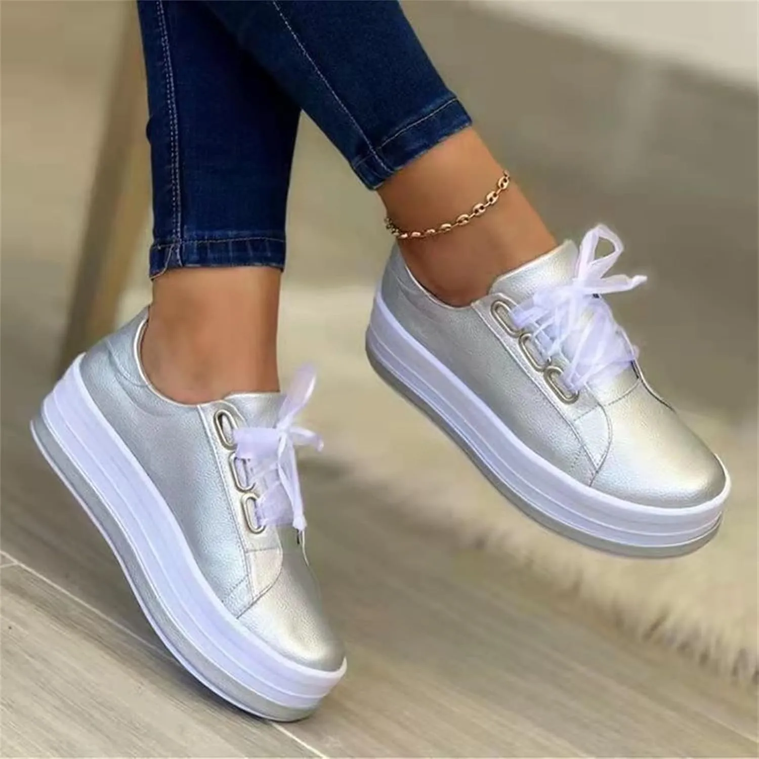 Lausiuoe Shoes For Women Sneakers Cute Leather Low Top Walking Shoes Casual Fashion Slip On Soft Non-Slip Flat Loafers