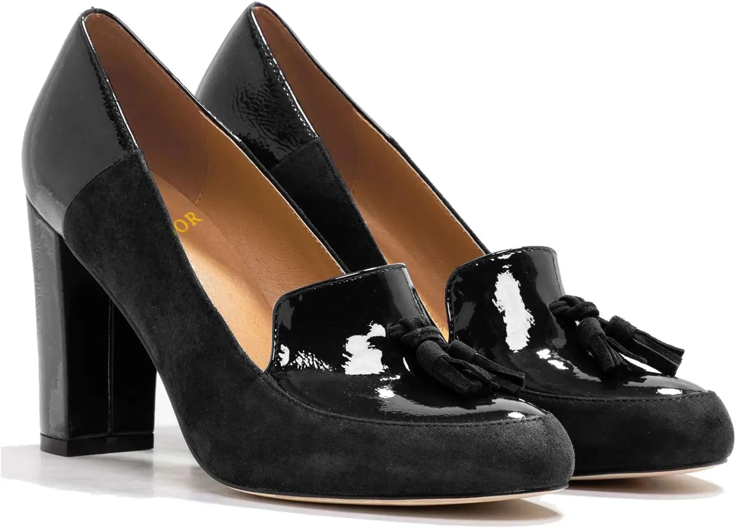 LEHOOR Women Chunky Block High Heel Fringed Pumps Round Toe, Slip On Dress Loafers with Tassel Suede Patent Leather Patchwork for Ladies Girls Office 4-15 M US