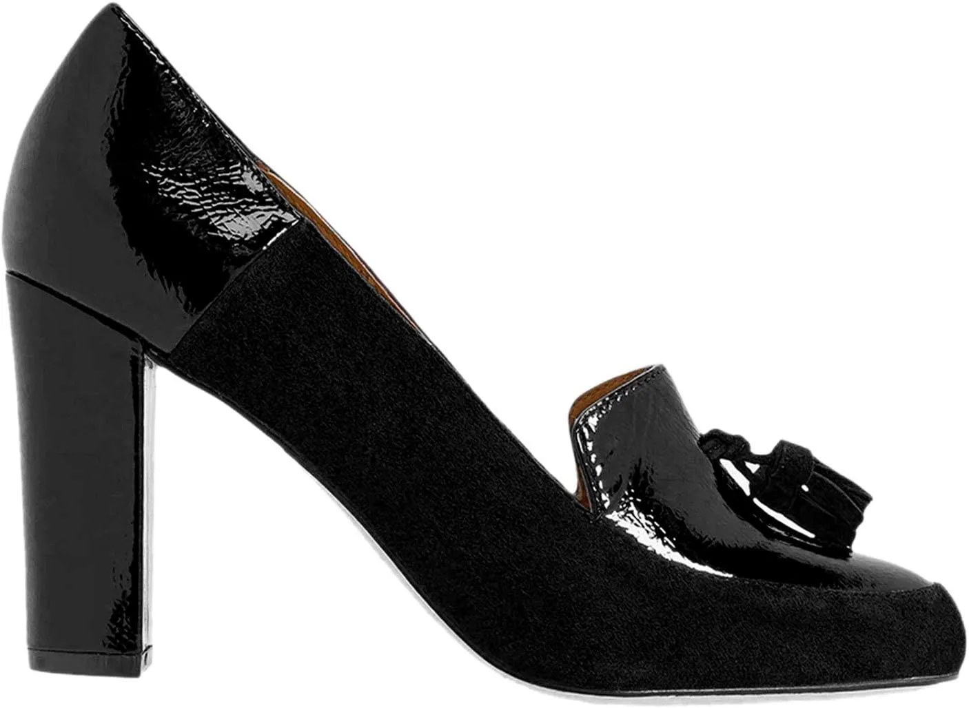 LEHOOR Women Chunky Block High Heel Fringed Pumps Round Toe, Slip On Dress Loafers with Tassel Suede Patent Leather Patchwork for Ladies Girls Office 4-15 M US