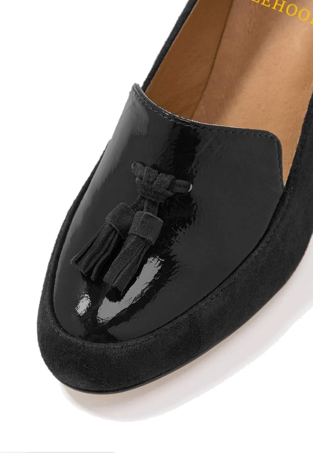 LEHOOR Women Chunky Block High Heel Fringed Pumps Round Toe, Slip On Dress Loafers with Tassel Suede Patent Leather Patchwork for Ladies Girls Office 4-15 M US
