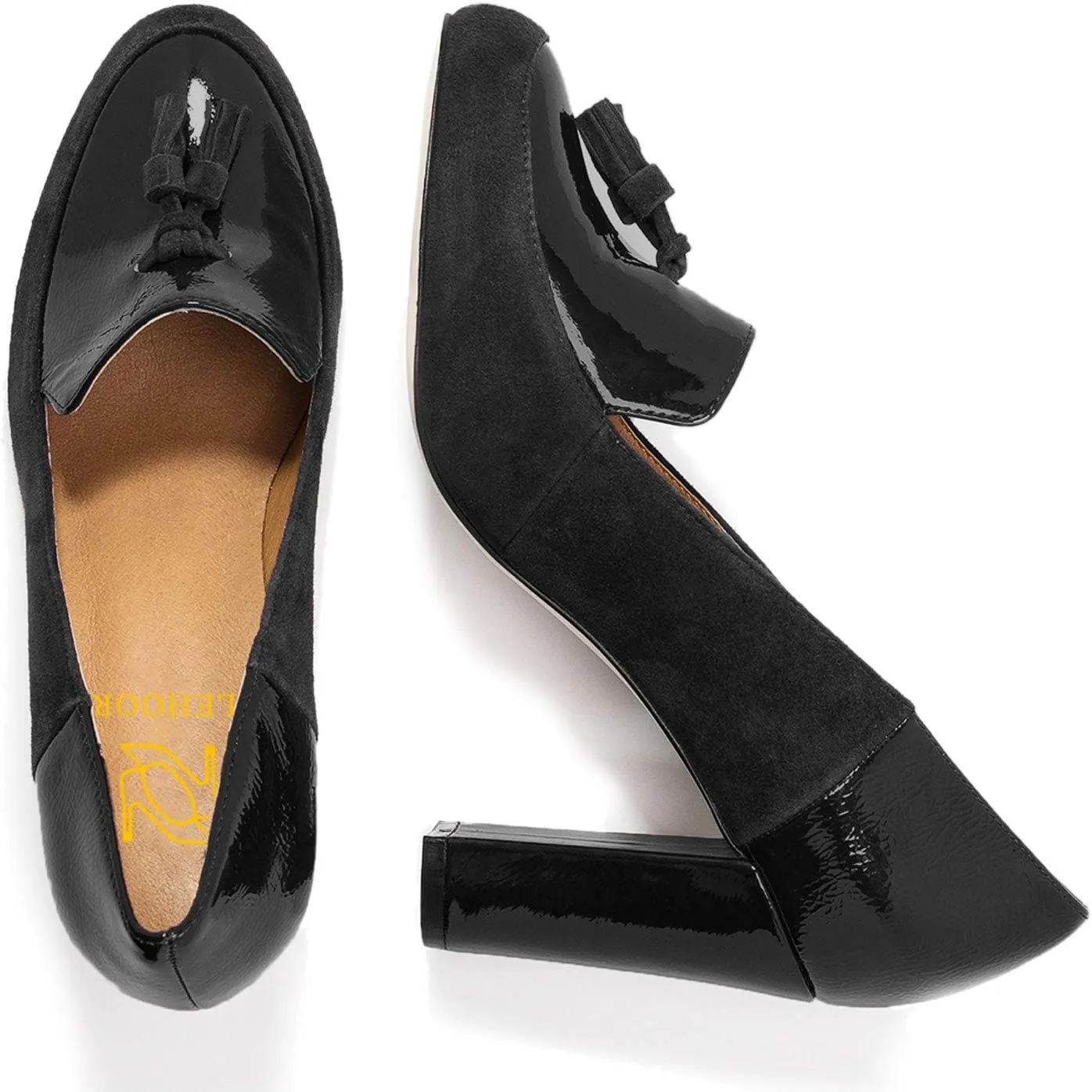 LEHOOR Women Chunky Block High Heel Fringed Pumps Round Toe, Slip On Dress Loafers with Tassel Suede Patent Leather Patchwork for Ladies Girls Office 4-15 M US