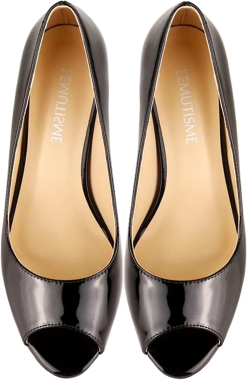 LEMUTISME Women's Patent Leather Sexy Slip On Peep Toe High Heel Dress Pumps Chic Glossy Open Toe Stiletto Heel Platform Sandals