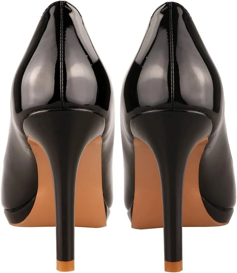 LEMUTISME Women's Patent Leather Sexy Slip On Peep Toe High Heel Dress Pumps Chic Glossy Open Toe Stiletto Heel Platform Sandals