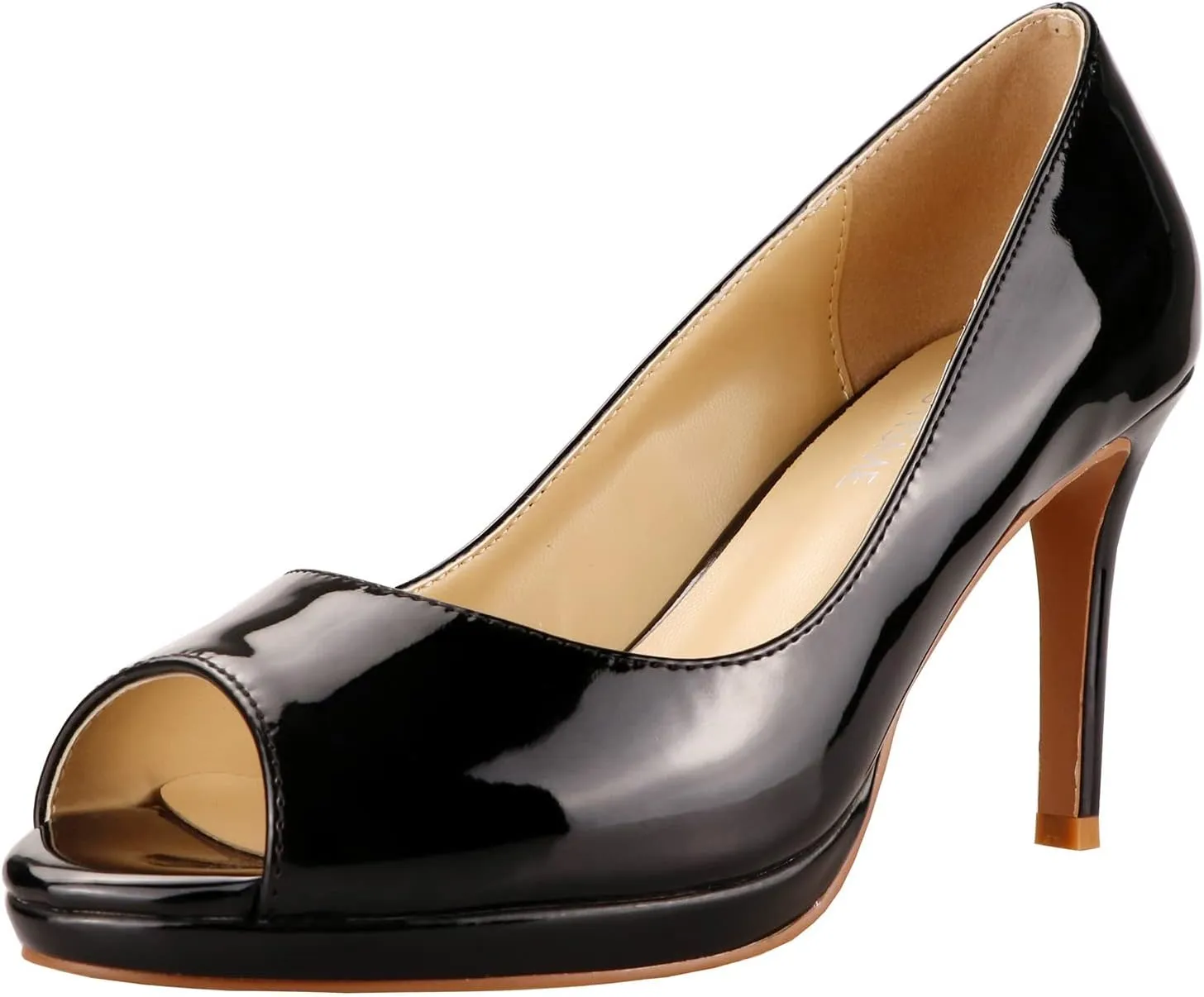 LEMUTISME Women's Patent Leather Sexy Slip On Peep Toe High Heel Dress Pumps Chic Glossy Open Toe Stiletto Heel Platform Sandals