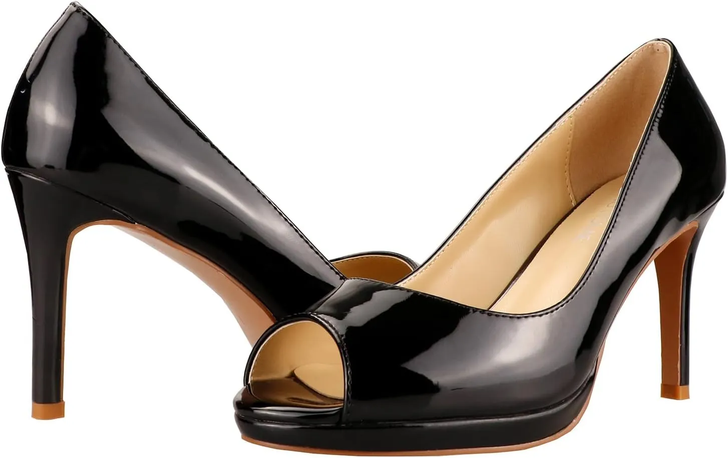 LEMUTISME Women's Patent Leather Sexy Slip On Peep Toe High Heel Dress Pumps Chic Glossy Open Toe Stiletto Heel Platform Sandals