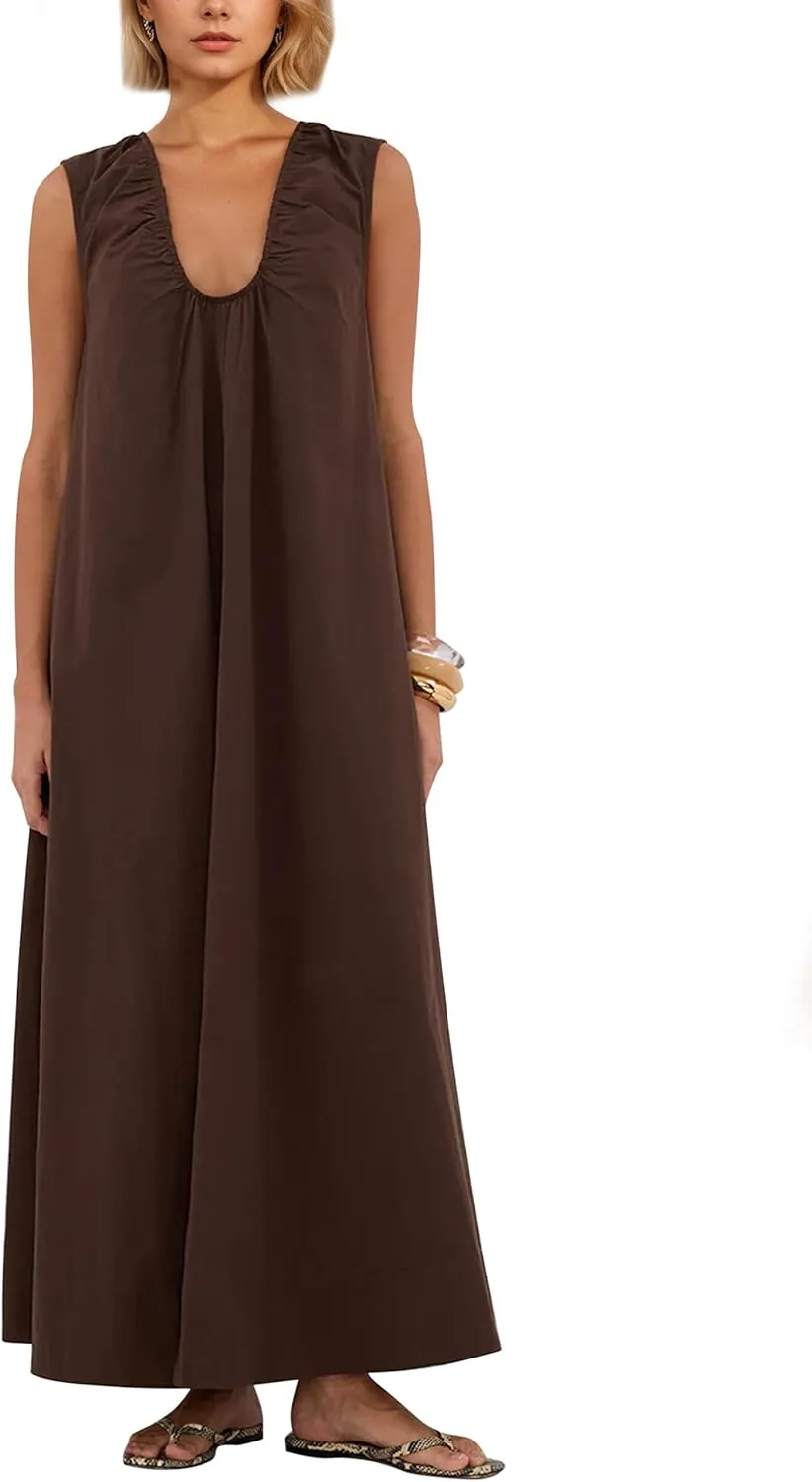 Livtany Women's Scoop Neck Ruched Maxi Dress Flowy Swing Wide Straps Long Dress Casual Sleeveless Sundress with Side Pockets