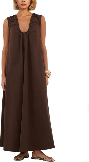 Livtany Women's Scoop Neck Ruched Maxi Dress Flowy Swing Wide Straps Long Dress Casual Sleeveless Sundress with Side Pockets