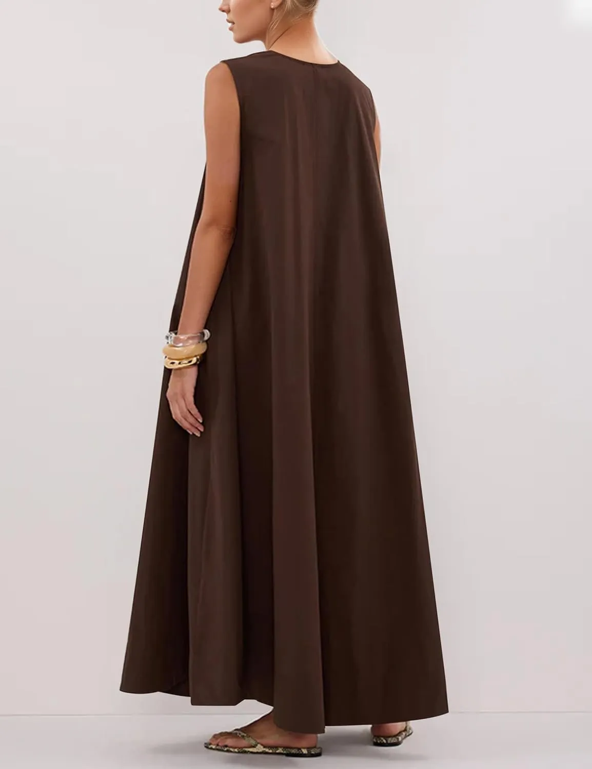 Livtany Women's Scoop Neck Ruched Maxi Dress Flowy Swing Wide Straps Long Dress Casual Sleeveless Sundress with Side Pockets