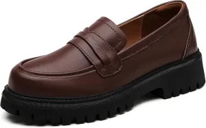 Loafers for Women Leather Chunky Platform Penny Shoes Classic Round Toe Comfortable Business Work Shoes