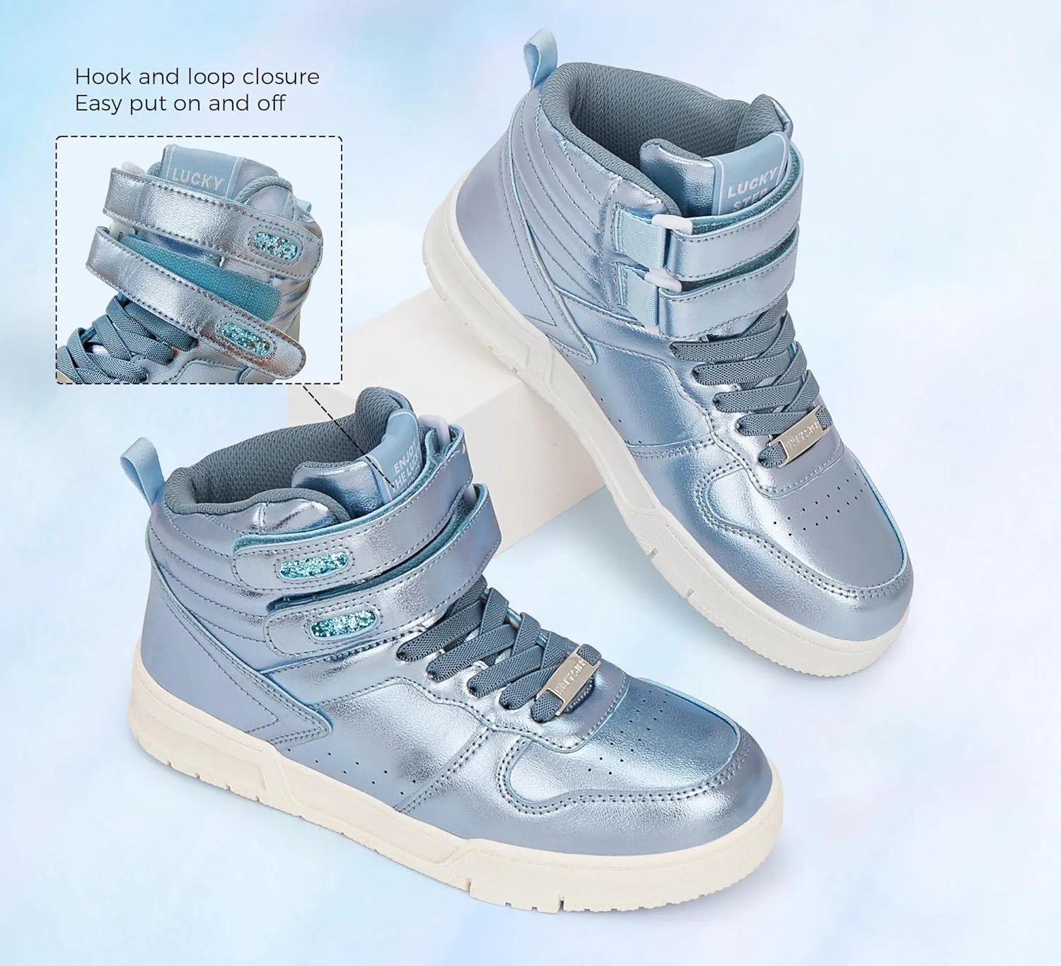 LUCKY STEP Women's High Top Fashion Sneakers Basketball Ankle Boots Walking Tennis Shoes Platform Hook and Loop Casual Faux Leather Sneaker