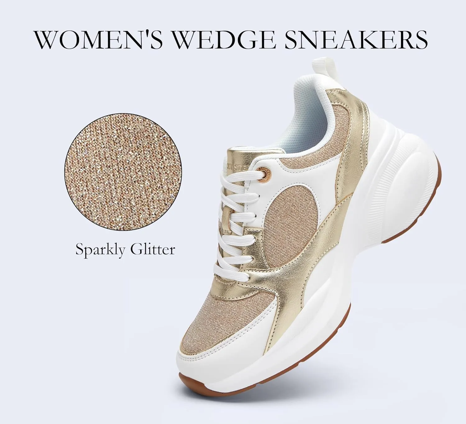 LUCKY STEP Women's Wedge Sneakers Fashion Heeled Cliff Platform Glitter Lace Up Metallic Casual Shoes
