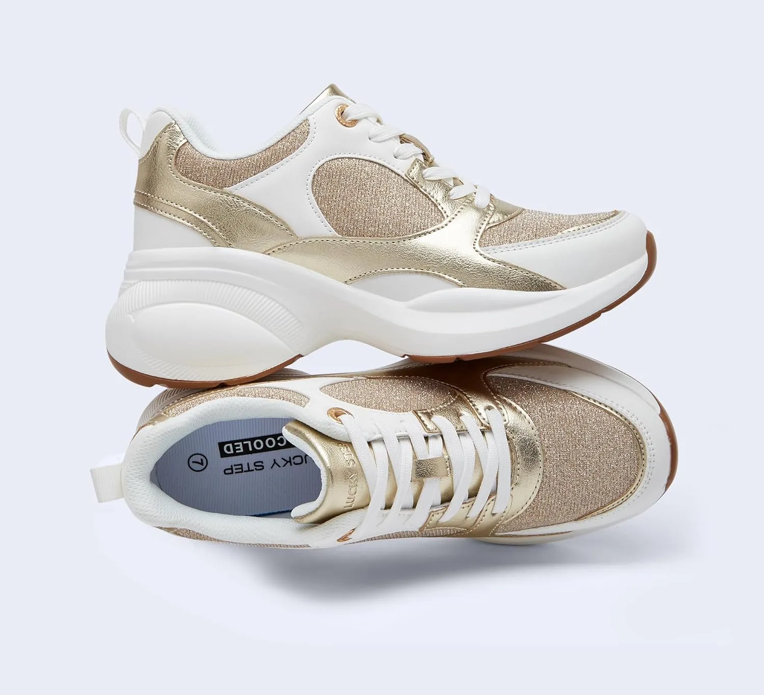 LUCKY STEP Women's Wedge Sneakers Fashion Heeled Cliff Platform Glitter Lace Up Metallic Casual Shoes
