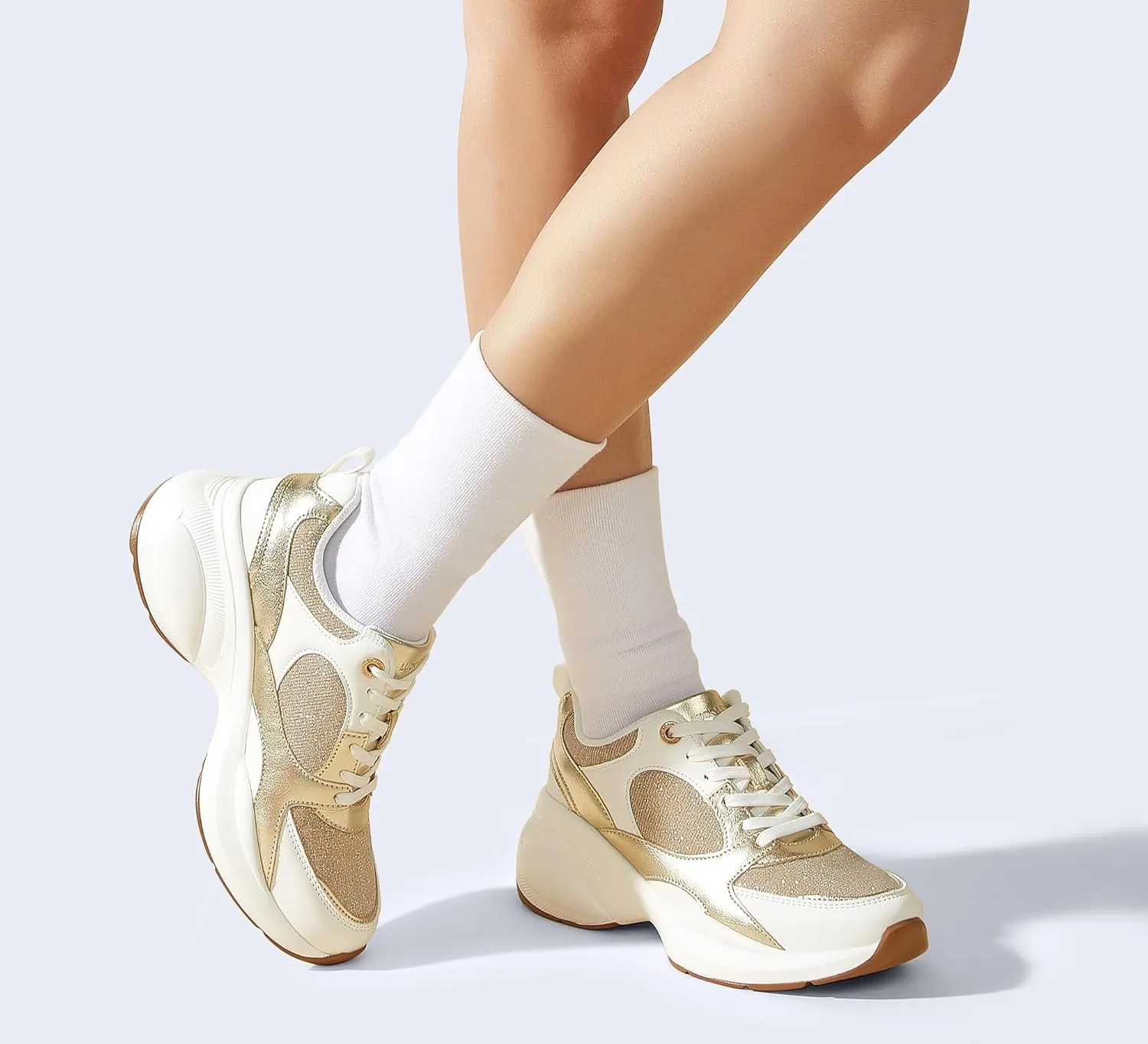 LUCKY STEP Women's Wedge Sneakers Fashion Heeled Cliff Platform Glitter Lace Up Metallic Casual Shoes