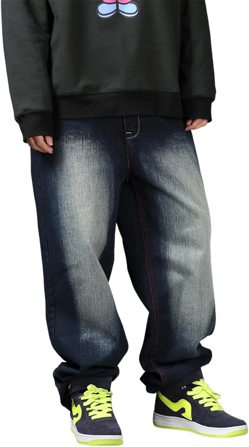 LUOBANIU Men's Vintage Hip Hop Style Baggy Jeans Denim Loose Fit Straight Leg Dance Skateboard Pants