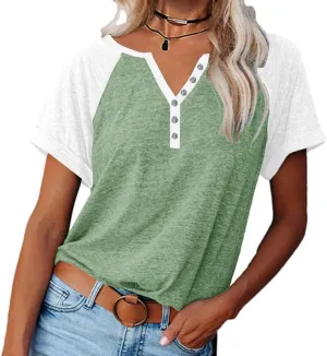 MaQiYa Womens V Neck Basic Tops Color Block Tunic T Shirts Summer Short Sleeve Casual Cotton Tees Shirts
