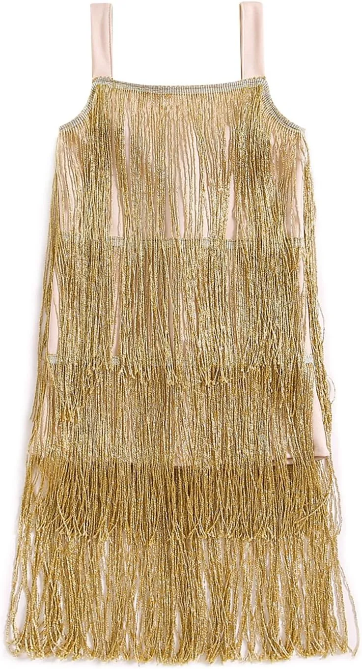 MBMSHEGH Kids Sequin Fringe Dress Sparkling Tassel Sleeveless Dress Little Girls Dance Wear Party Latin Dance Dress 1-10T