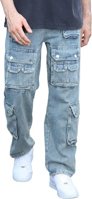 Men's Baggy Cargo Jeans Wide Leg Hip Hop Jeans Loose Fit Multiple Pockets Denim Pants Streetwear