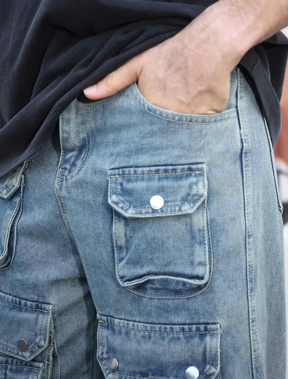 Men's Baggy Cargo Jeans Wide Leg Hip Hop Jeans Loose Fit Multiple Pockets Denim Pants Streetwear