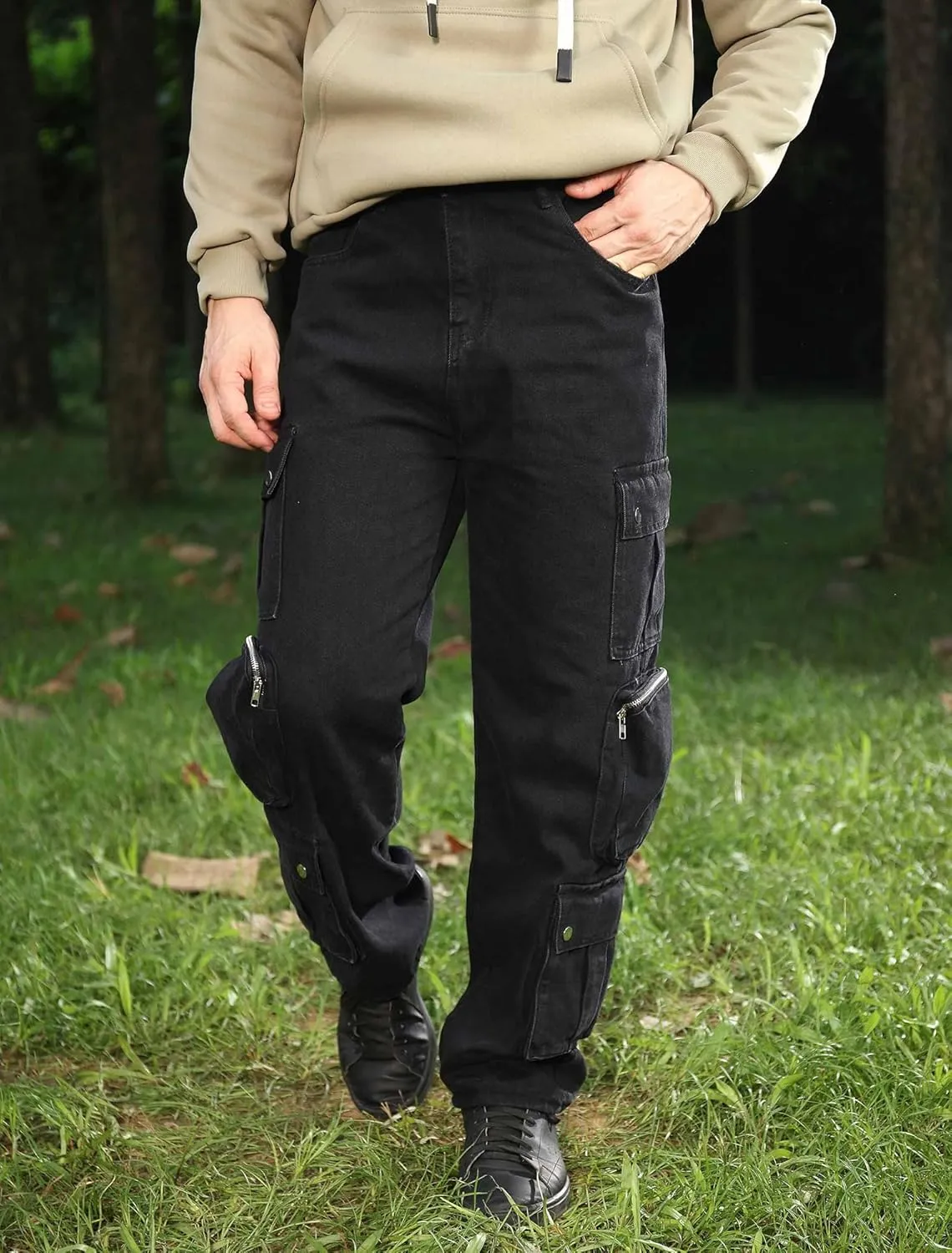 Men's Baggy Cargo Jeans Wide Leg Hip Hop Jeans Loose Fit Multiple Pockets Denim Pants Streetwear
