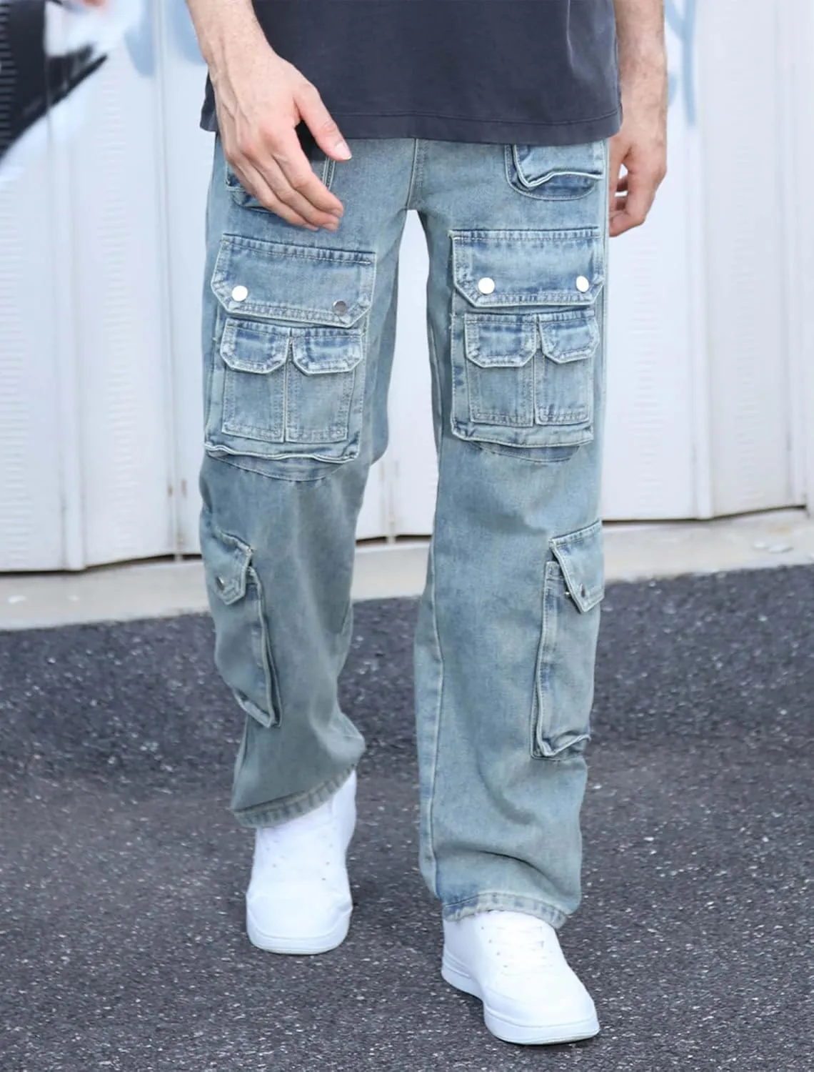 Men's Baggy Cargo Jeans Wide Leg Hip Hop Jeans Loose Fit Multiple Pockets Denim Pants Streetwear
