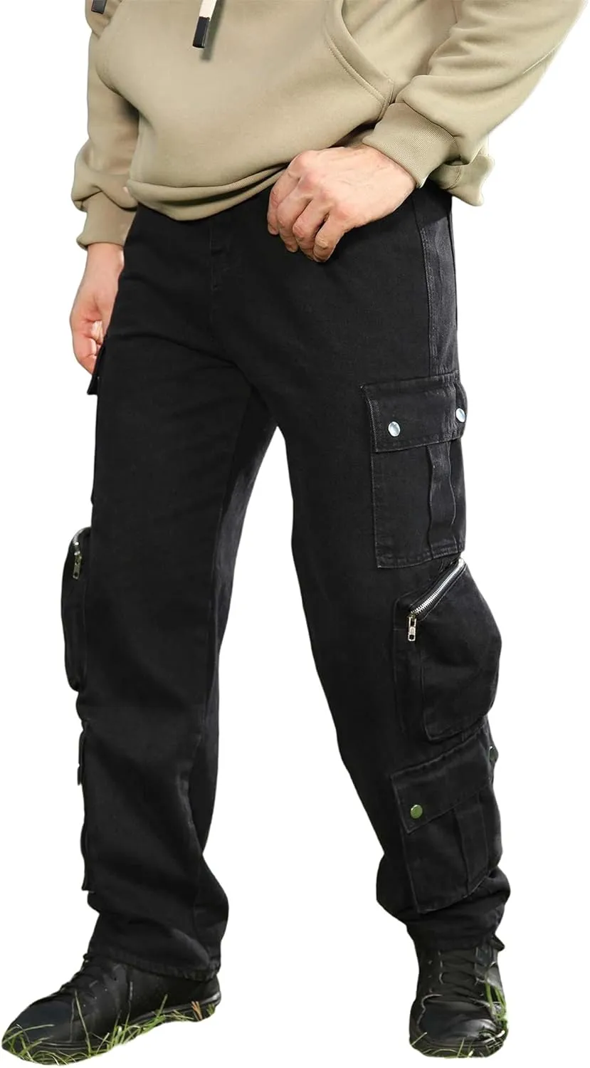 Men's Baggy Cargo Jeans Wide Leg Hip Hop Jeans Loose Fit Multiple Pockets Denim Pants Streetwear