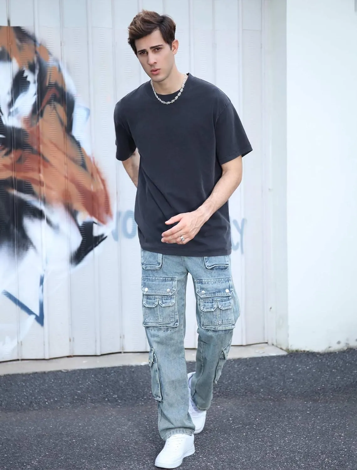 Men's Baggy Cargo Jeans Wide Leg Hip Hop Jeans Loose Fit Multiple Pockets Denim Pants Streetwear