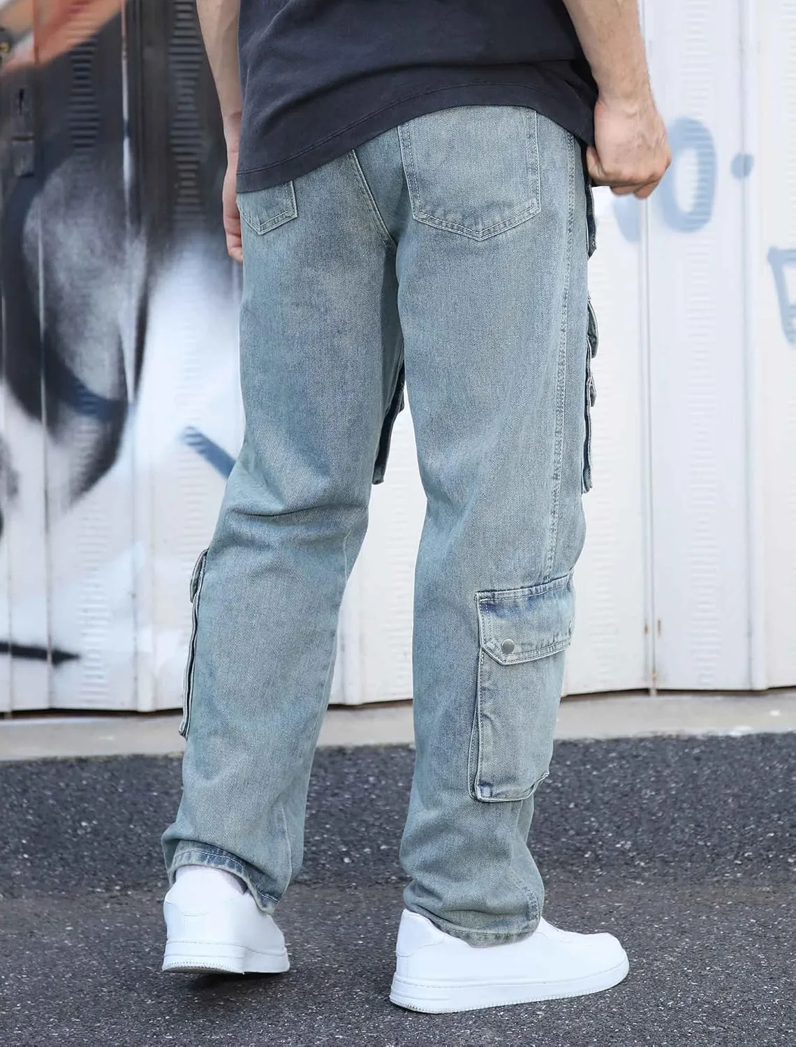 Men's Baggy Cargo Jeans Wide Leg Hip Hop Jeans Loose Fit Multiple Pockets Denim Pants Streetwear