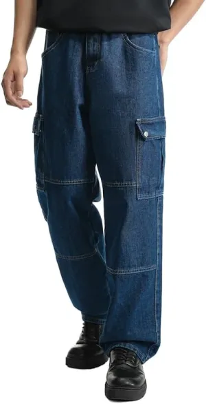 Mens Baggy Cargo Jeans Wide Leg Hip Hop Jeans Streetwear Loose Fit Denim Pants