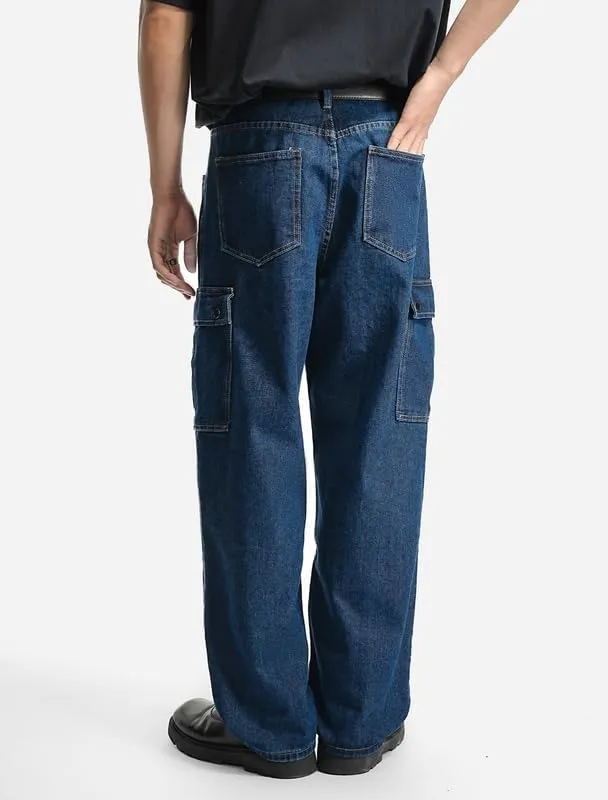 Mens Baggy Cargo Jeans Wide Leg Hip Hop Jeans Streetwear Loose Fit Denim Pants