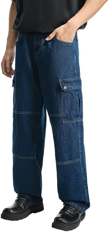 Mens Baggy Cargo Jeans Wide Leg Hip Hop Jeans Streetwear Loose Fit Denim Pants