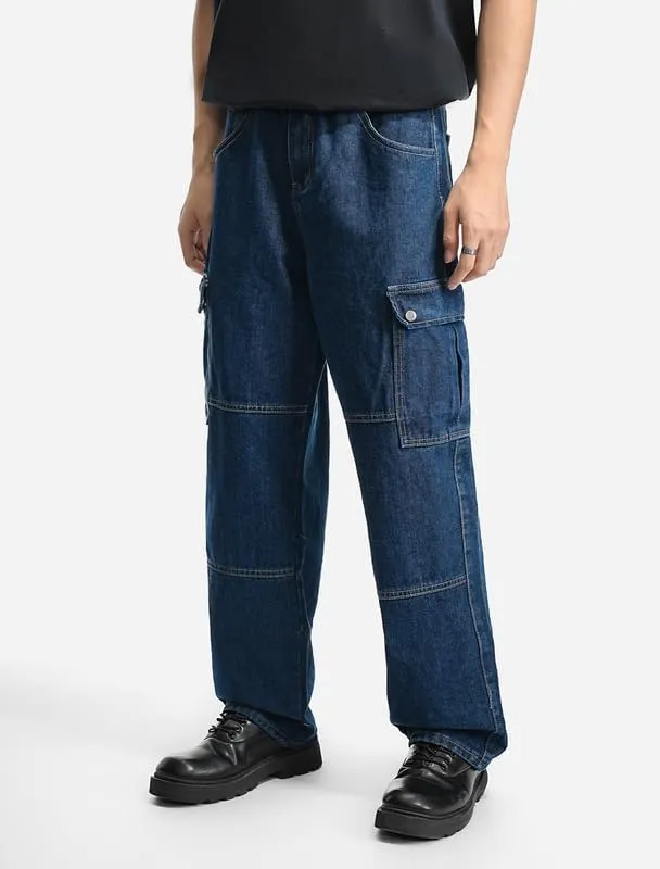 Mens Baggy Cargo Jeans Wide Leg Hip Hop Jeans Streetwear Loose Fit Denim Pants