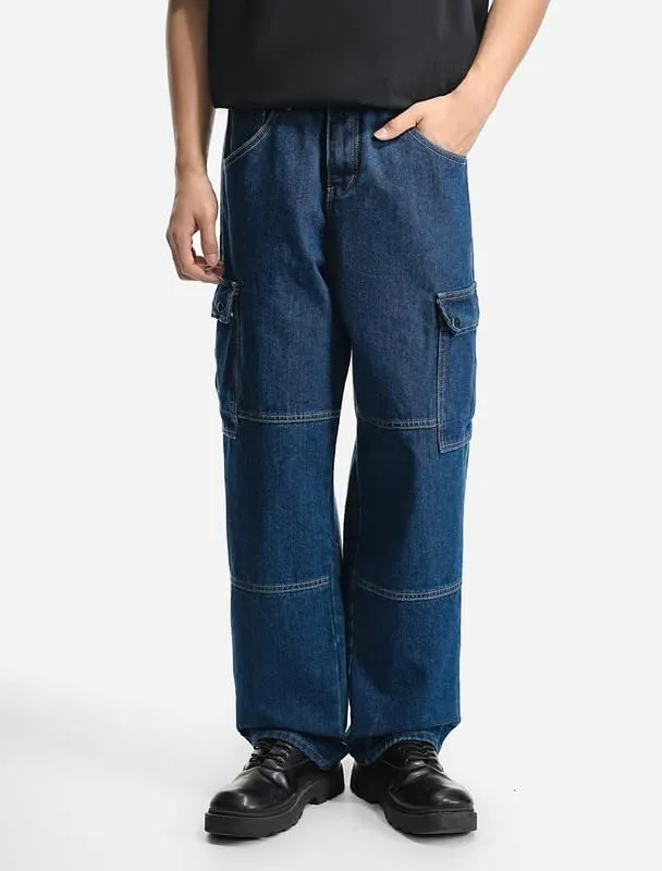 Mens Baggy Cargo Jeans Wide Leg Hip Hop Jeans Streetwear Loose Fit Denim Pants