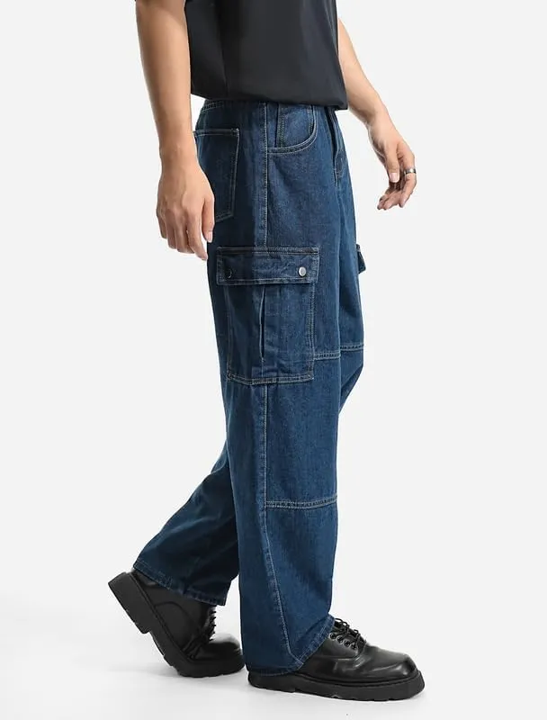 Mens Baggy Cargo Jeans Wide Leg Hip Hop Jeans Streetwear Loose Fit Denim Pants