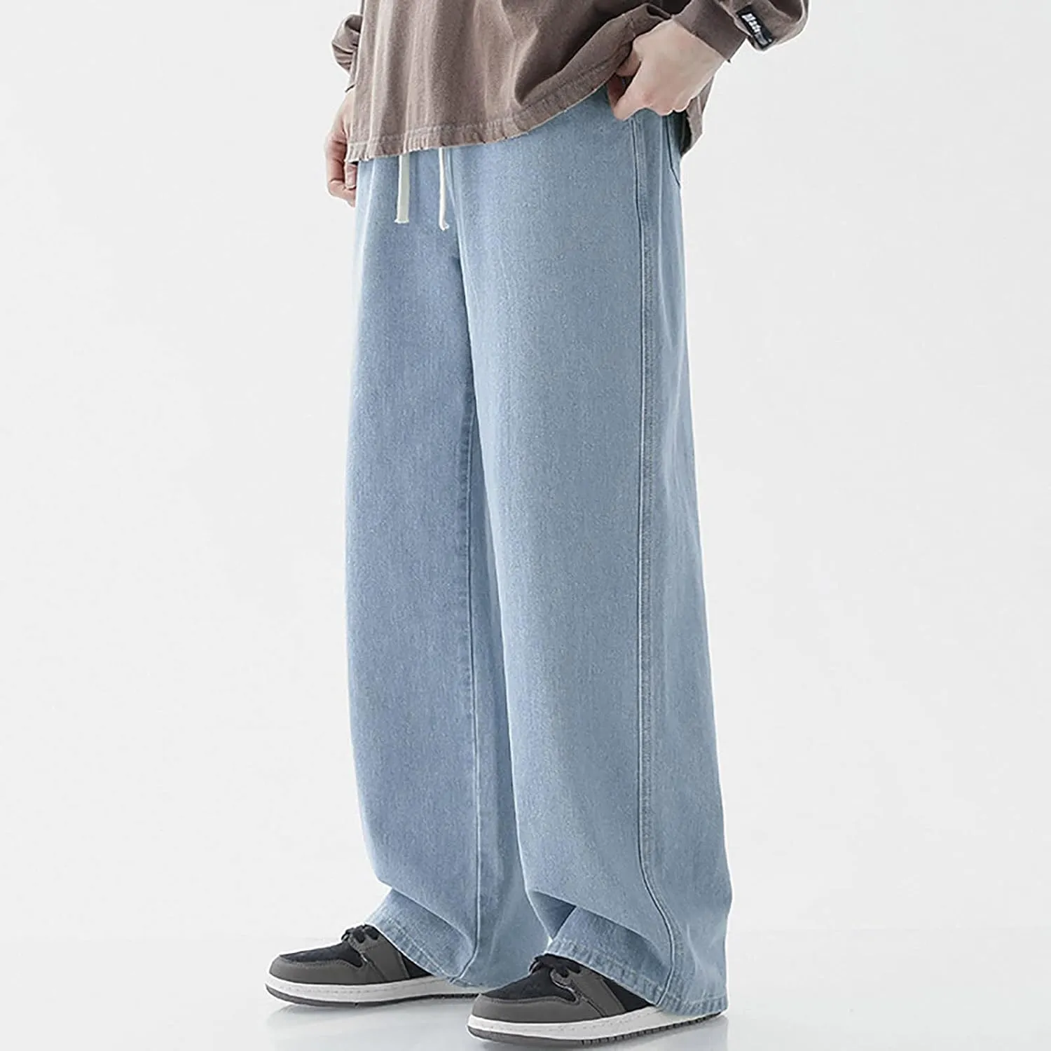 Men's Baggy Hip Hop Jeans Wide Leg Skater Denim Pants Casual Loose Fit Long Trousers Streetwear